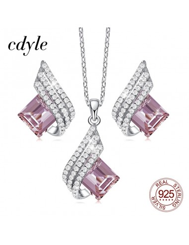 Silver 925 Pink Zircon Pendant and Earrings Set for Women français