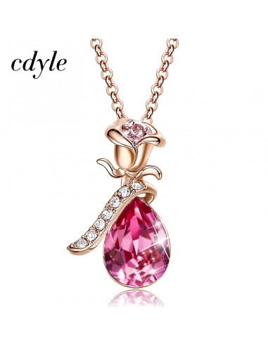 Gold Boho Necklace with Pink Crystal Rose Flower Pendant with Zircon for Female store