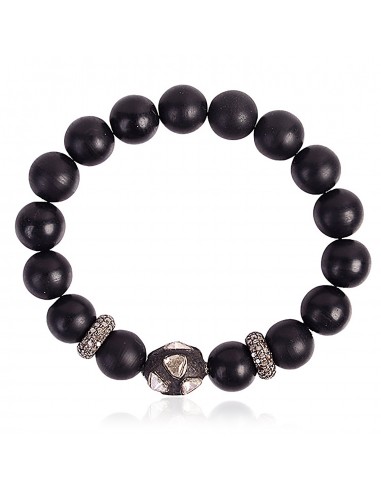 105.2ct Black Onyx Beads Bracelet Rose Cut Diamond .925 Sterling Silver Jewelry Véritable concentré