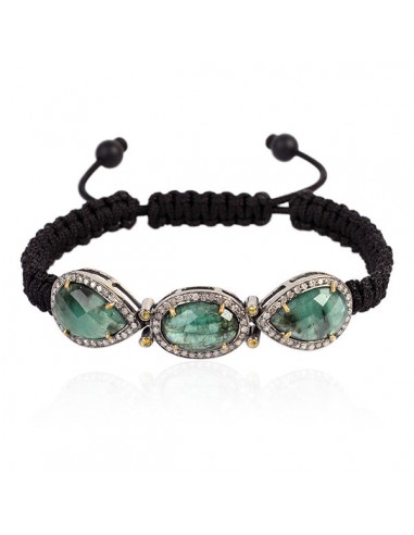 11.95ct Emerald Onyx Macrame Bracelet Diamond Sterling Silver 18 kt Gold Jewelry ou a consommer sur place