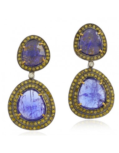 Handmade Diamond Tanzanite 18 k Gold 925 Sterling Silver Dangle Earrings Jewelry français