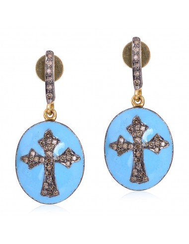 0.38ct Diamond Gold Cross Sign Dangle Earrings Sterling Silver Enamel Jewelry livraison et retour toujours gratuits