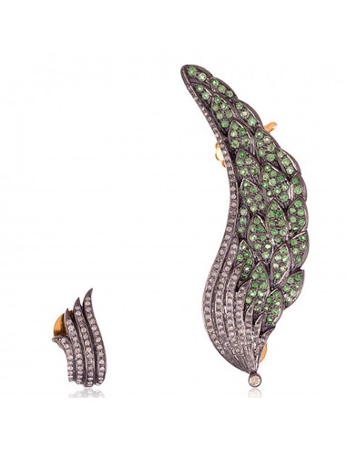 1.64ct Tsavorite & Diamond Feather Ear Cuff Earrings  18k Gold Silver Jewelry l'évolution des habitudes 