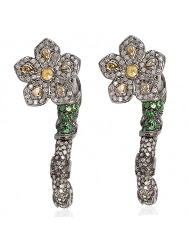 Tsavorite Diamond Floral Tunnel Earrings 18k Gold 925 Silver Women Jewelry Gift Paris Déstockage Promo