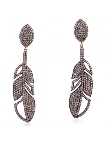 3.85ct Pave Diamond Feather Dangle Earrings 18k Gold 925 Silver Jewelry solde