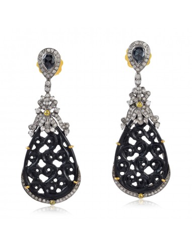 1.2ct Pave Diamond Gemstone Carved Dangle Earrings Gold Sterling Silver Jewelry le concept de la Pate a emporter 