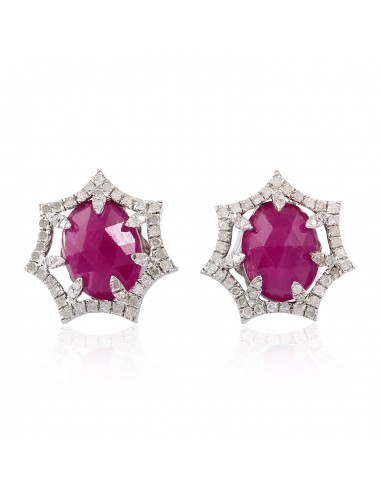 Classy 0.57ct Pave Diamond Ruby Stud Earrings Gold 925 Silver Minimal Jewelry commande en ligne