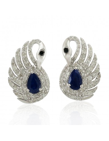 1.25ct Blue Sapphire Diamond Swan Stud Earrings Gold 925 Sterling Silver Jewelry Faites des économies