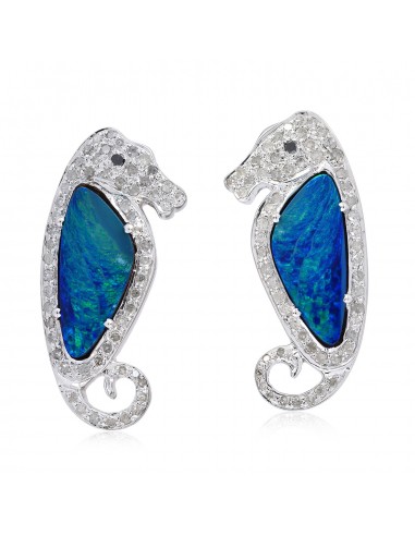 3.55ct Opal Pave Diamond Seahorse Stud Earrings Gold 925 Sterling Silver Jewelry Amélioration de cerveau avec