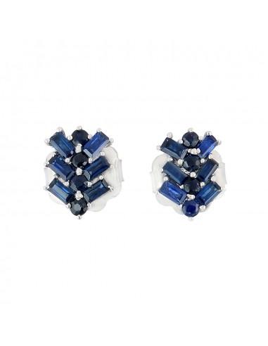 18K Solid White Gold Genuine Blue Sapphire Fine Stud Earrings Baguette Jewelry Les magasins à Paris et en Île-de-France