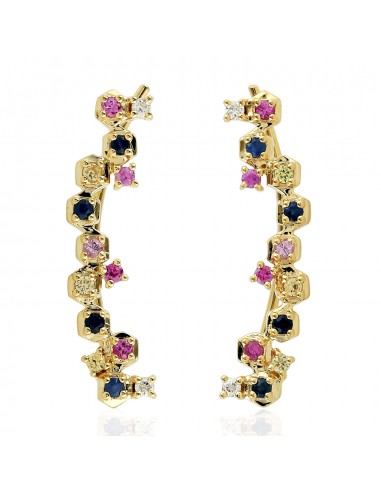 Ear Climber Earrings Prong Set Sapphire Gemstone Diamond 18k Yellow Gold Jewelry Paris Déstockage Promo