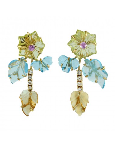 Carved Flower & Leaf Aqumarine & Citrine Dangle Earrings 18k Yellow Gold Jewelry Pour