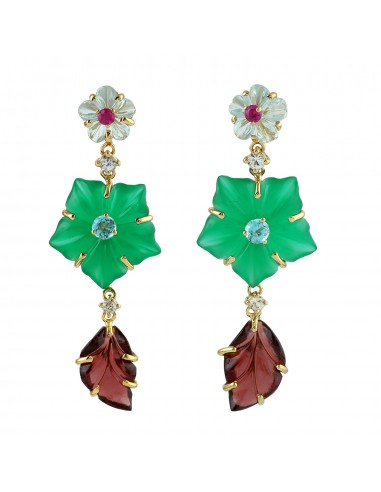 18k Gold Carving Flower Green Onyx Dangle Earrings Ruby Topaz Gemstone Jewelry pas cheres