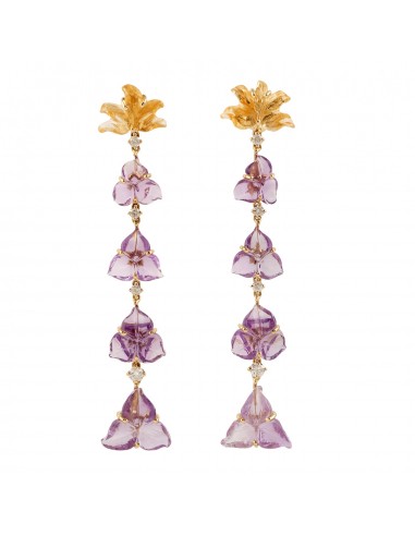 Carved Flower Amethyst Dangle Earrings 18k Yellow Gold Handmade Jewelry Venez acheter