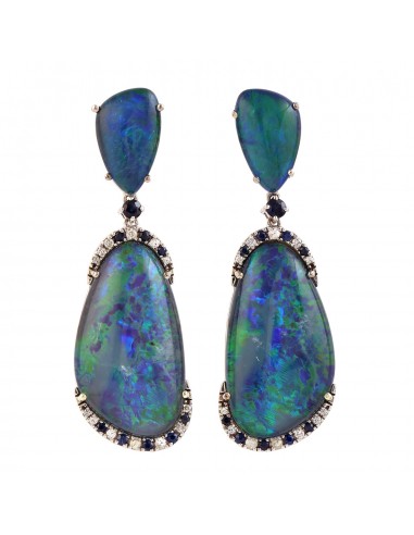 Solid 14k white Gold Jewelry Opal Triplat Blue Sapphire Gemstone Dangle Earrings For Her à prix réduit toute l'année