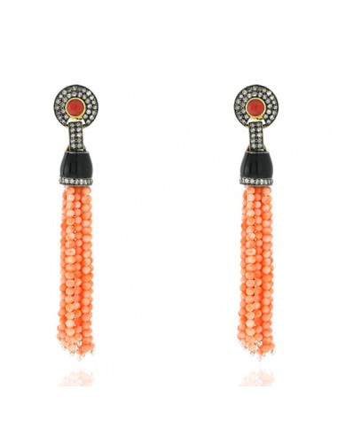 39.65ct Coral Moonstone Tassel Earrings Diamond Gold 925 Sterling Silver Jewelry de la marque