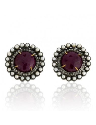 22.21ct Ruby Pearl Stud Earrings Pave Diamond 18kt Gold Sterling Silver Jewelry vous aussi creer 