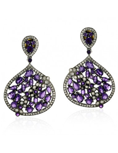 9.8ct Amethyst & Diamond Dangle Earrings 18k Gold 925 Silver Handmade Jewelry prix