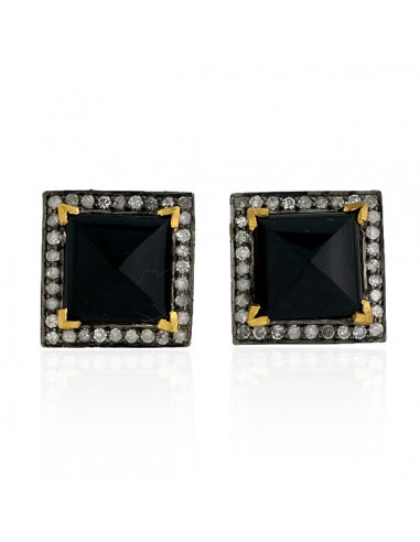 8.35ct Onyx Diamond Square Stud Earrings 18k Gold Silver Jewelry Paris Déstockage Promo