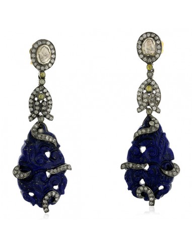 29.82ct Lapis Lazuli Drop/Dangle Earrings 18k Gold 925 Silver Diamond Jewelry Amélioration de cerveau avec