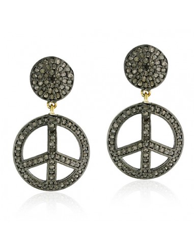 2.0ct Pave Diamond Peace Sign Dangle Earrings 14kt Gold Silver Handmade Jewelry Faites des économies